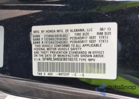 2014 Honda Odyssey Ex-L z USA, uszkodzony, nr VIN 5FNRL5H65EB016515